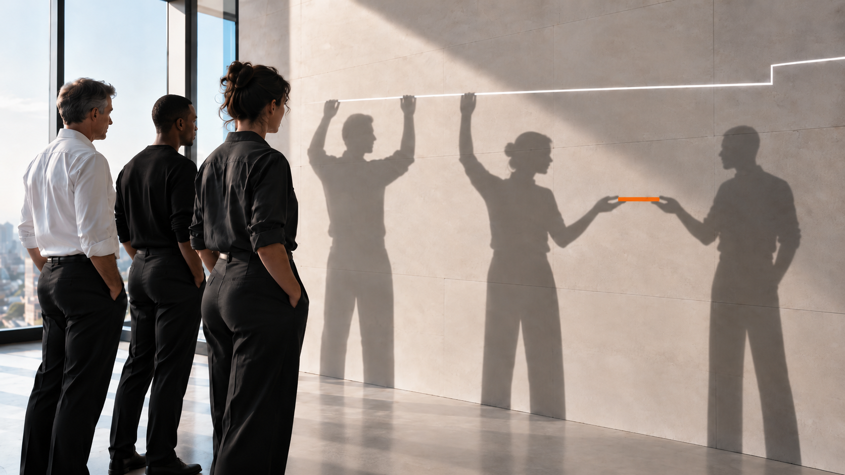 Drei Personen betrachten ihre Schatten an einer Wand; die Schatten zeigen eine veränderte gemeinsame Haltung.