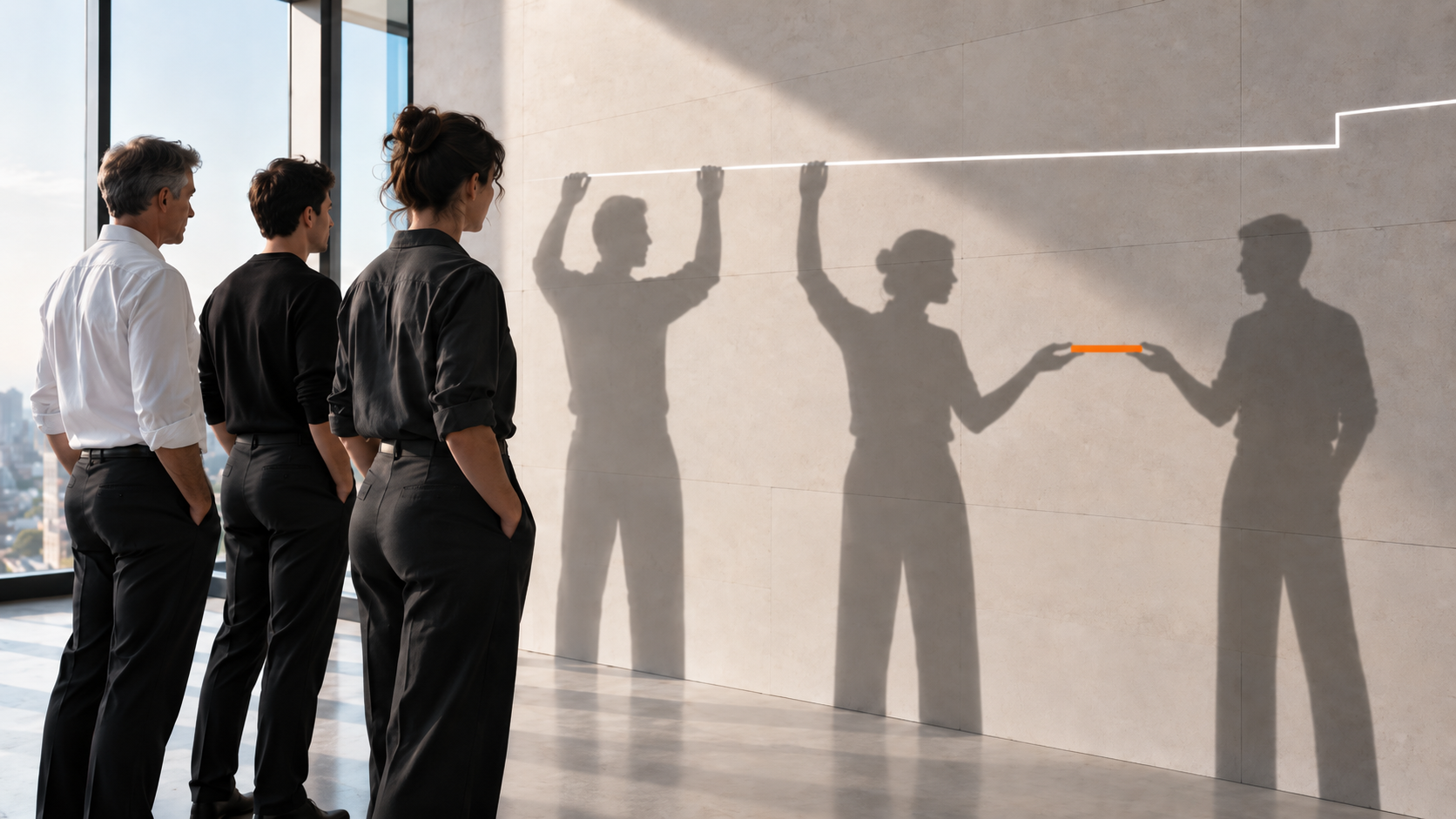 Drei Personen betrachten ihre Schatten an einer Wand; die Schatten zeigen eine veränderte Haltung und Interaktion.
