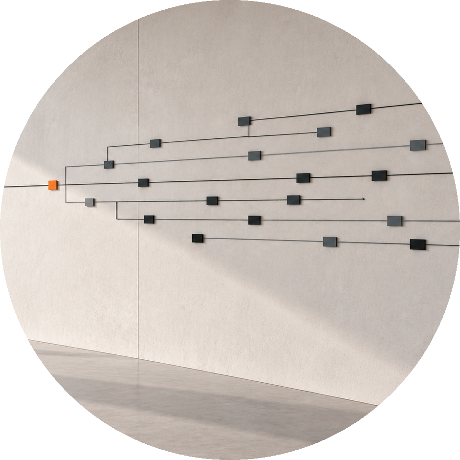 Räumliche CLARIST-Installation mit sich verzweigenden Linien und mehreren möglichen Entwicklungsrichtungen.
