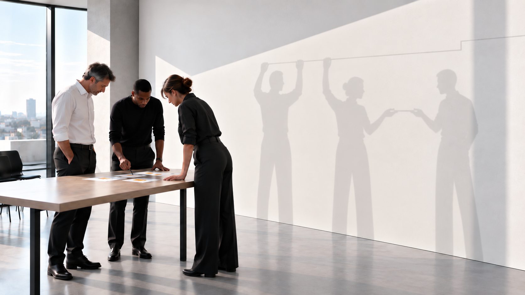 Drei Personen arbeiten gemeinsam an einem Tisch; im Hintergrund zeigt ihr Schatten eine verankerte gemeinsame Haltung.