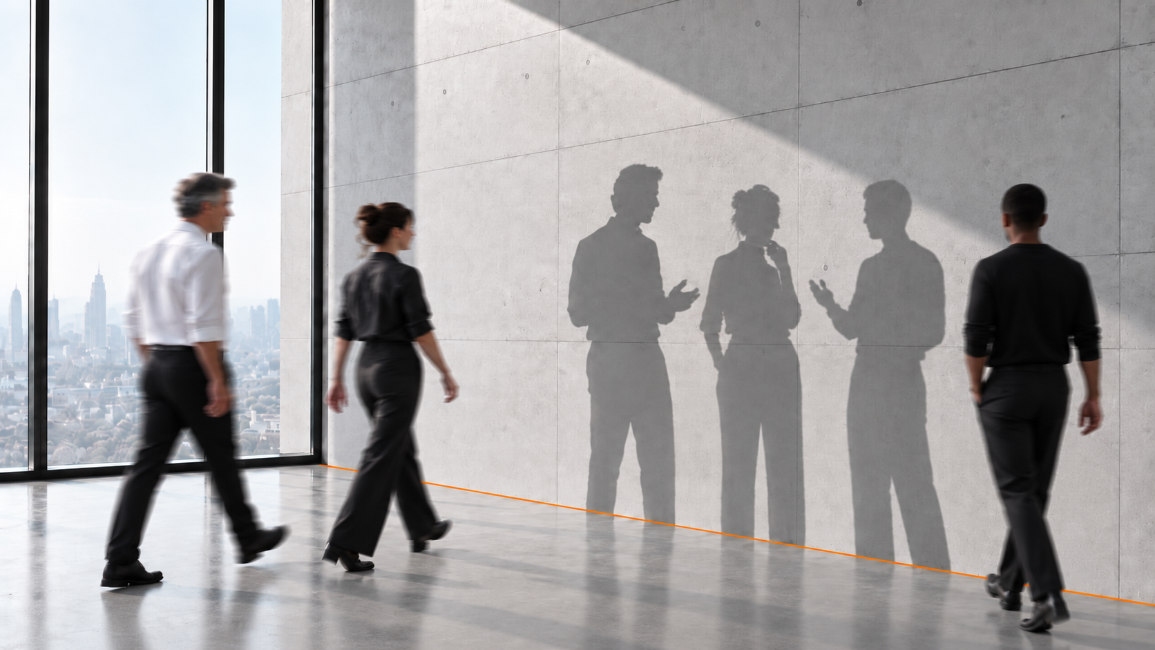 Drei Personen gehen auf eine Wand zu; ihre Schatten zeigen eine andere, bereits verbindliche Interaktion.